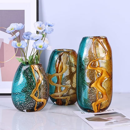 Teal Glass Vase,Hand Blown Green Flower Bulk,Murano Glass Vases,Unique Table Decor, Flowers with Decorative,Teal Vase Decor,for Bookshelf,Living Room,Office,Gift (L)