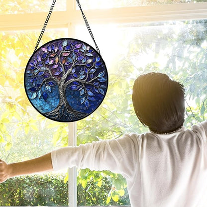 DASTOLL Stained Glass Window Hanging, Blue Purple Tree of Life Sun Catchers Colorful Glass Panel Plants Suncatcher Decor for Birthday for Women,Men,Wife, Lovers, and Mom 11.8x11.8 in