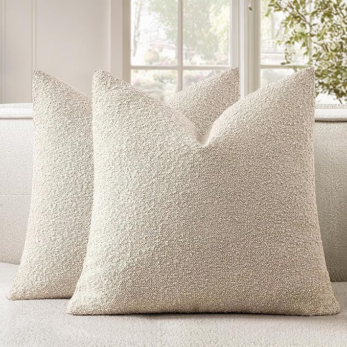 Woaboy Pack of 2 24x24 Inch Decorative Boucle Throw Pillow Covers Textured Square Pillowcaes Accent Euro Solid Cozy Soft Cushion Covers Home Decor for Sofa Couch Living Room Home Decor,Neutral
