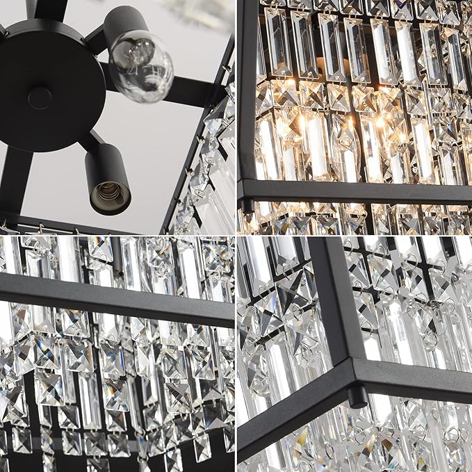 LMQNINE Farmhouse Chandelier - Black Metal Crystal Pendant Light for Kitchen, Dining Room, Living Room - Flat & Inclined Ceiling (Trapezoid -11.81in)