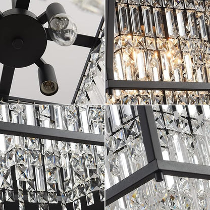 LMQNINE Farmhouse Chandelier - Black Metal Crystal Pendant Light for Kitchen, Dining Room, Living Room - Flat & Inclined Ceiling (Trapezoid -11.81in)