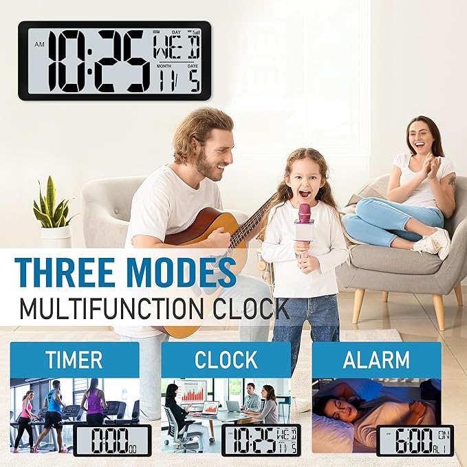 4.6" Numbers Display Built-in Rechargeable Power 15" Atomic Black Wall Clock -Night Display-Never Needs Setting!-Easy to Read Numbers-Never Need Replace Battery