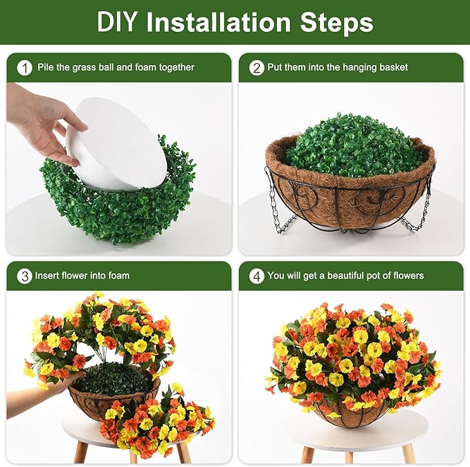Artificial Fake Hanging Flowers Plants Baskets for Outdoor Spring Decoration, Faux Silk UV Resistant Look Real Morning Glory Arrangement for Porch Patio Garden Deck Home Summary Decor(Orange Yellow)