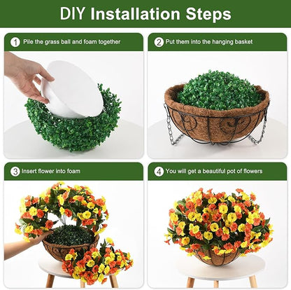 Artificial Fake Hanging Flowers Plants Baskets for Outdoor Spring Decoration, Faux Silk UV Resistant Look Real Morning Glory Arrangement for Porch Patio Garden Deck Home Summary Decor(Orange Yellow)