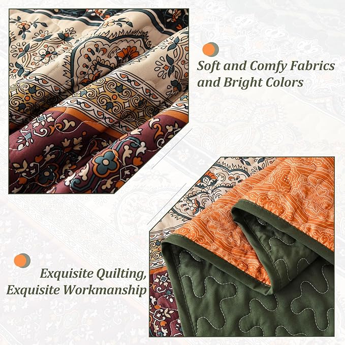 WONGS BEDDING Boho Quilt Set Full Size, Green and Orange Bohemian Quilt Bedding Set, Fall Lightweight Bed Decor Bedspread for All Season Reversible Microfiber Coverlet Bedding Set 78"x90"(3 Pieces)