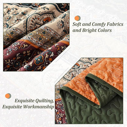 WONGS BEDDING Boho Queen Quilt Set, Green and Orange Bohemian Quilt Bedding Set, Fall Lightweight Bed Decor Bedspread for All Season Reversible Microfiber Coverlet Bedding Set 96"x90"(3 Pieces)