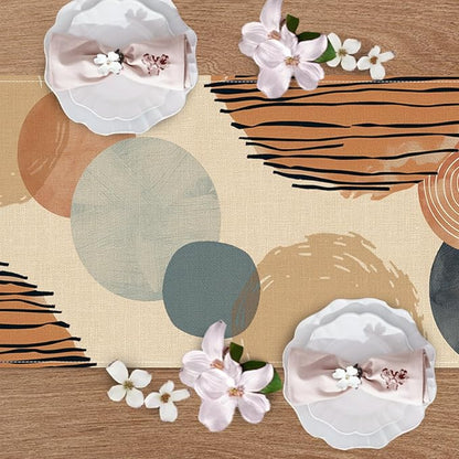 Boho Modern Geometric Dining Table Runner, Circle Abstract Art Burlap Kitchen Decoration, Minimalist Indoor Outdoor Home Decor Party Supply 13 x 72 Inches