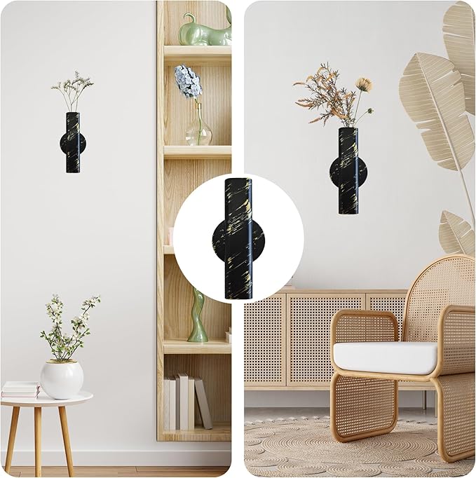 7" Wall-Mounted Flower Tube, Top/Bottom Open Vase Tube, Wall Metal Flower Tube Decoration Holder for Flower Display with Sticker, 2pcs(Black Gold)