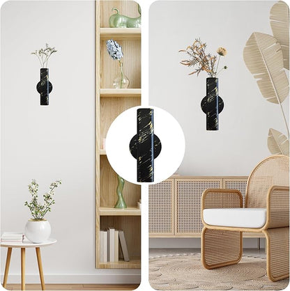 7" Wall-Mounted Flower Tube, Top/Bottom Open Vase Tube, Wall Metal Flower Tube Decoration Holder for Flower Display with Sticker, 2pcs(Black Gold)