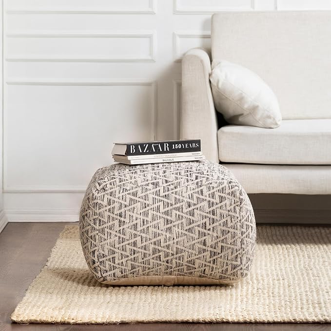 Anji Mountain 100% Handmade & Handcrafted Comfortable Home Décor Pouf Ottoman Footrest for Living Room, Bedroom, Nursery, Kidsroom, Patio Furniture - (22" x 22" x 16"- Black,Ivory)