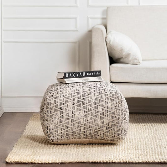 Anji Mountain 100% Handmade & Handcrafted Comfortable Home Décor Pouf Ottoman Footrest for Living Room, Bedroom, Nursery, Kidsroom, Patio Furniture - (22" x 22" x 16"- Black,Ivory)