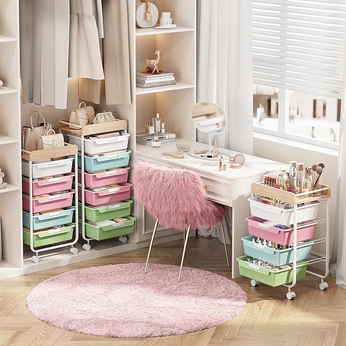 Rolling Storage Utility Cart With 6 Drawers,Art Supply Craft Organizer,Sewing Makeup Organizer And Storage,Office Organization Wooden Tabletop,Colorful
