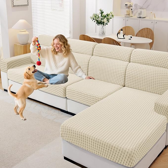 MAXIJIN Couch Cushion Covers for Sectional Sofa, Stretch Sofa Cushion Cover Washable Furniture Protector with Elastic Bottom & Non-Slip Strap for Pets Kids (1PC Seat Cover, Beige)