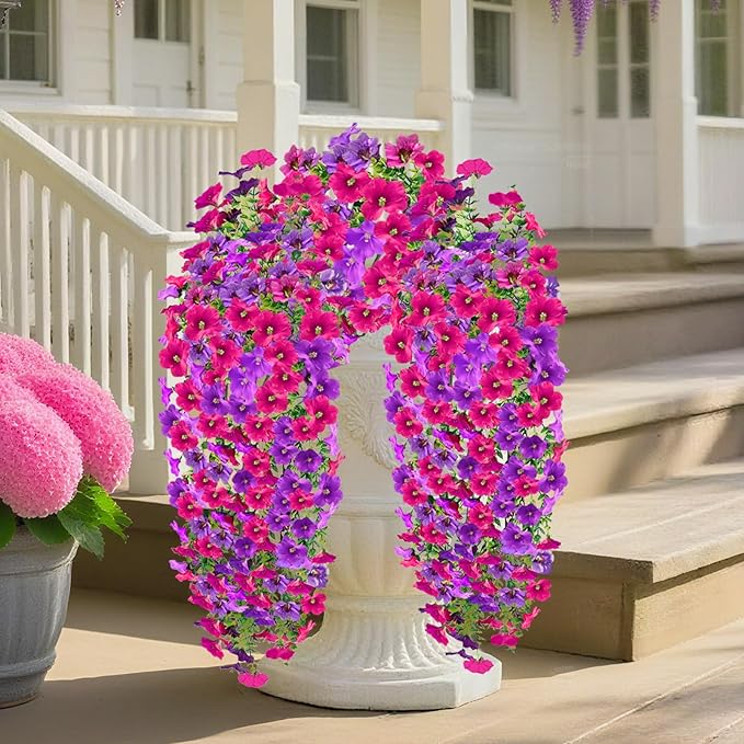 Artificial Fake Hanging Flowers Plants for Outdoor Fall Decoration, 4PCS UV Resistant Look Real Trailing Vines for Outside Home Planter Porch Patio Mums Autumn Decor (Purple&Pink Rose)