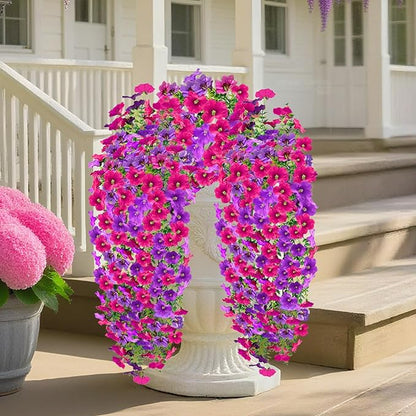 Artificial Fake Hanging Flowers Plants for Outdoor Fall Decoration, 4PCS UV Resistant Look Real Trailing Vines for Outside Home Planter Porch Patio Mums Autumn Decor (Purple&Pink Rose)