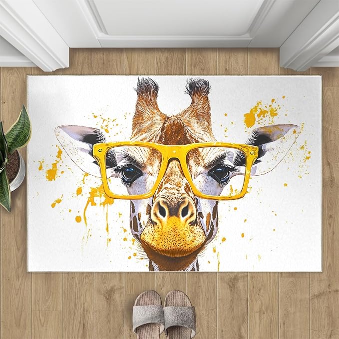 Giraffe 2x3 Area Rugs for Living Room, Funny Animals Washable Non Slip Rugs, Pop Art Low Pile Print Rug for Bedroom, Dining Room, Home Office