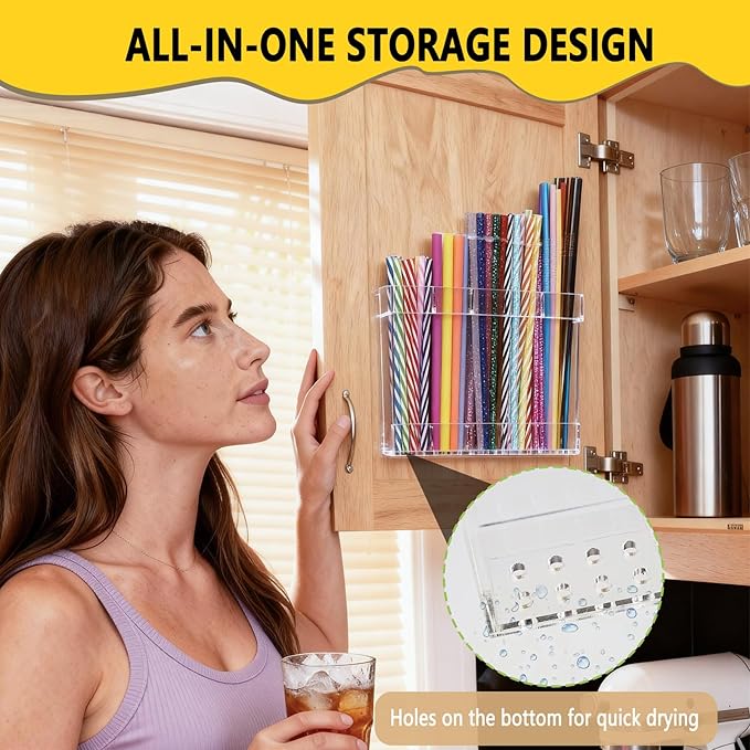 New Upgrade 9.5" Large Acrylic Straw Holder for Cabinet Door-Reusable Tumbler Straw Organizer Storage,Small Kitchen Organizers and Storage Accessories Container,Ultra Sticky Cupboard Door Mounted