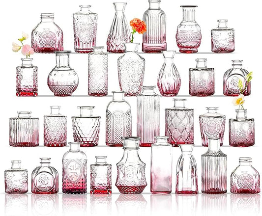 Bud Vases in Bulk 30, Pink Glass Vases for Centerpieces, Small Vase for Flowers, Small Flower Vase for Centerpieces, Mini Vintage Vases for Wedding Table Decor