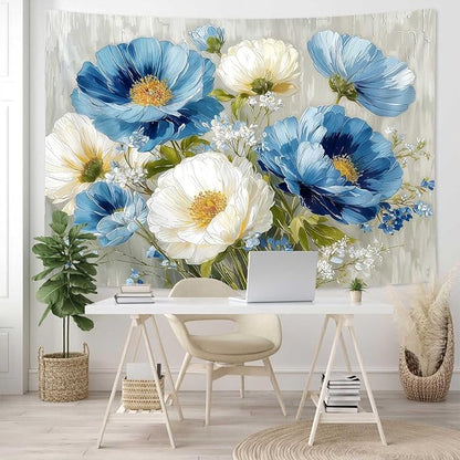 DYNH Blue White Floral Tapestry,Natural Aesthetics Elegant Tapestrie,Modern Flower Painting Wall Hanging,Watercolor Aesthetic Art Decor for Bedroom Living Room Dorm,60X50 In