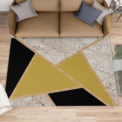 Geometric Marble Area Rugs for Living Room Black Gold Marble Rug Triangular Geometric Carpet Modern Minimalist Door Mat for Bedroom Hardwood Floors 7x8ft