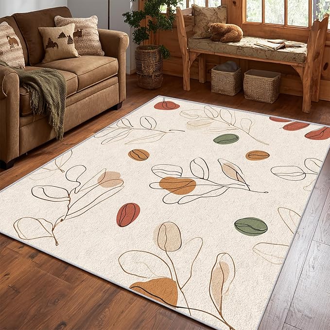 Bohemian Rug, Large 8x10 Area Rugs Modern Simple Abstract Line Art Leaf Pattern for Living Room, Bedroom, Bohemian Home Decor Accessories Indoor Carpet, Non Slip & Machine Washable