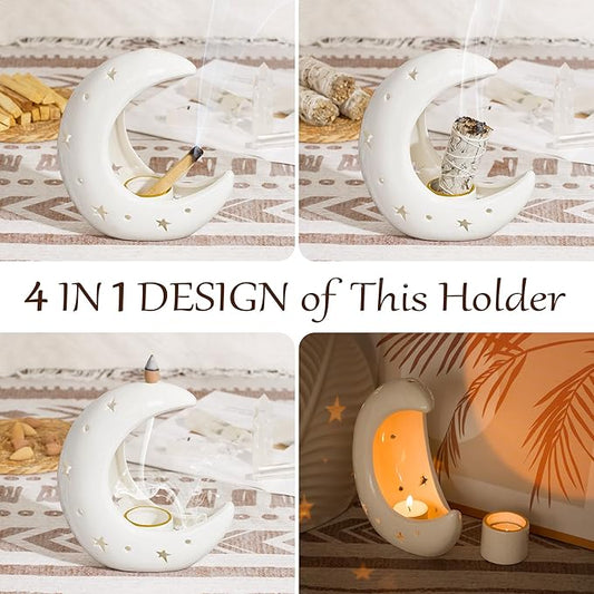 ZenBless Moon Versatile Ceramic Backflow Incense Holder and Burner Waterfall,for Burning Sage, Palo Santo, Backflow Cone and Candle,Aromatherapy Ornament Home Room Decor,The Ideal Present (White)