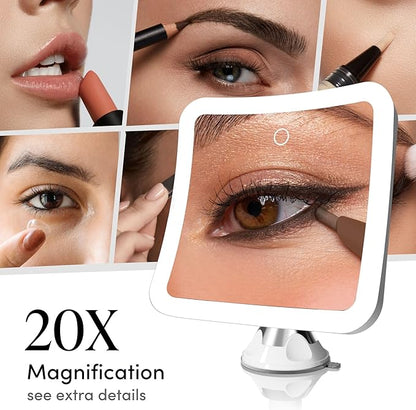 Fancii 20x Magnifying Makeup Mirror with LED Lights, Rechargeable, High Zoom | 7-inch Large Lighted Travel Mirror for Vanity and Bathroom, Dimmable, 3 Light Settings, Strong Suction, 360° Rotation