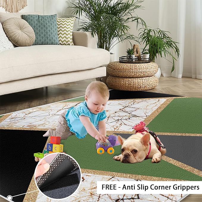 Jadeite Marble Area Rugs 3D Black Gold Marble Rug Light Luxury Geometric Line Carpet Mid-Century Simple Rug Stone Cracks Rugs for Living Room Bedroom 7x9ft
