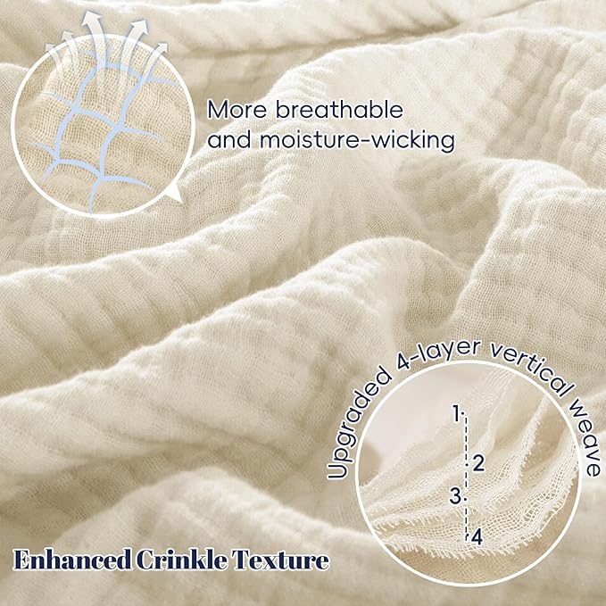 PHF 100% Cotton Muslin Blanket Queen Size 90"x90", 4-Layer Lightweight Gauze Throw, Breathable Cloud-Soft Minimalist Blanket for Bed, Couch, Camping & Baby, Birch, Ideal Gift