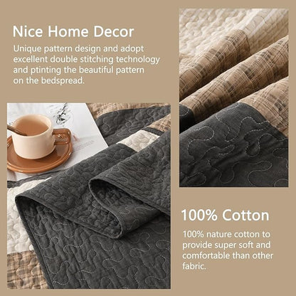 Finlonte Striped Bedspread Set Overszied California King Size Lightweight Quilted Bed Spread Comforter Sets, Charcoal/Brown/Beige