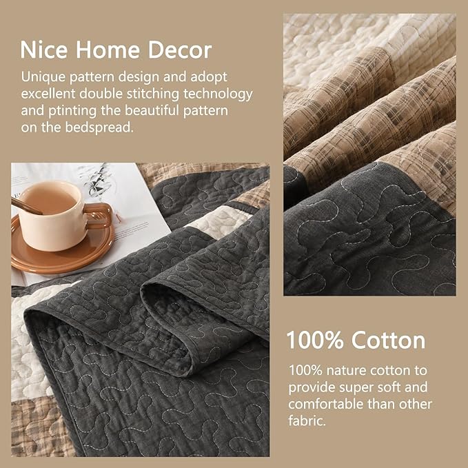 Finlonte Striped Bedspread Set Overszied King Size Lightweight Quilted Bed Spread Comforter Sets, Charcoal/Brown/Beige