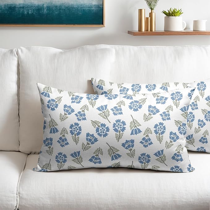 Blue Green Block Print Lumbar Pillow Covers 12x20 Set of 2 Floral Spring Summer Flower Pattern Decorative Outdoor Throw Pillowcases Boho Cushion Cover Rustic Decoration Farmhouse Sofa Couch Bed Decor