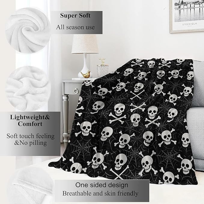 Skull and Crossbones Blanket Halloween Holiday Decor Gothic Spooky Skeleton Black Throw Gifts Lightweight Soft Fleece Spider Web Blankets for Creepy Fall Vibe Horror Goth Decoration 60x80in
