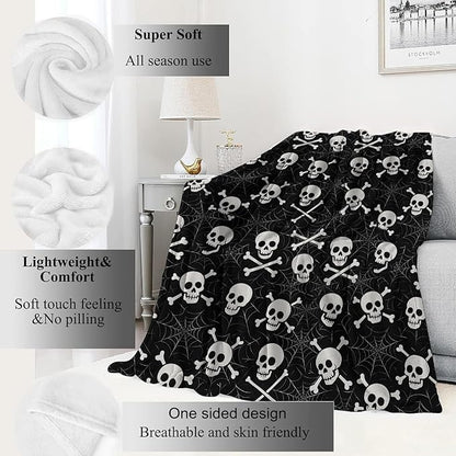 Skull and Crossbones Blanket Halloween Holiday Decor Gothic Spooky Skeleton Black Throw Gifts Lightweight Soft Fleece Spider Web Blankets for Creepy Fall Vibe Horror Goth Decoration 60x80in