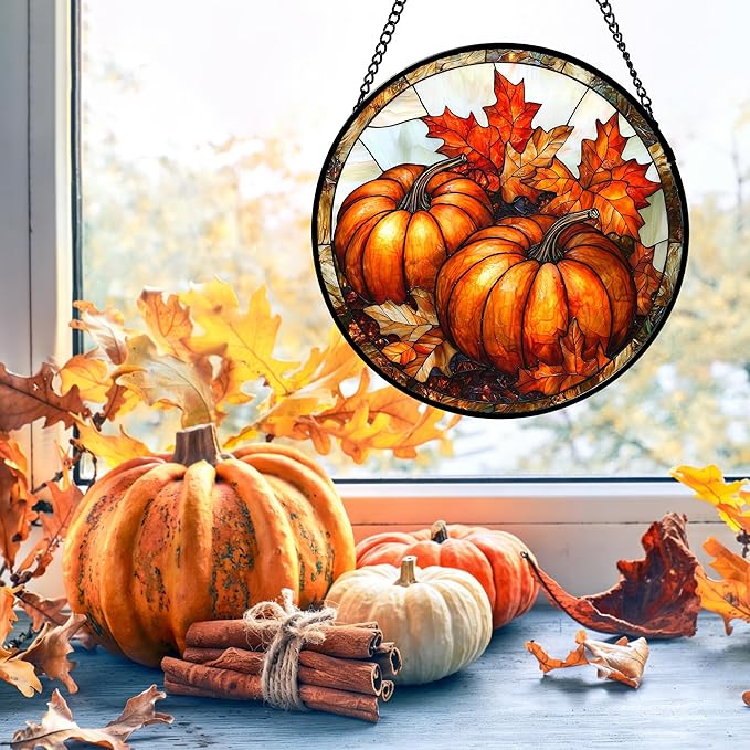 DASTOLL Stained Glass Window Hanging, Pumpkin Maple Leaf Suncatcher for Doors Home Sun Catchers Decoration and Christmas, Mother's Day Birthday Gifts for Women, Men, and Mom 11.8x11.8 in