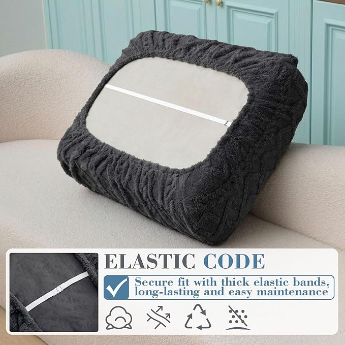 3 Pcs Jacquard Couch Cushion Covers for Sofa Stretch Plush Soft Seat Cover Washable Sofa Slip Covers with Elastic Bottom Modern Boho Furniture Protector for Sectional Slipcovers(Dark Gray)