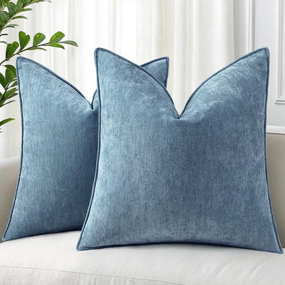 decorUhome Spring Couch Throw Pillow Covers 16x16 Set of 2, Decorative Soft Velvet Neutral Chenille Pillow Covers with Elegant Design for Sofa Bed Living Room Home Decor, Blue Grey