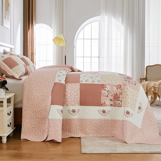 SahSahCasa 120"x120" 100% Cotton Oversized California King Patchwork Bedspread Coverlet Quilt Set, Floral Cal King Quilted Bedspread Extra Large Quilt, XL Bed Spread Lightweight Comforter, Pink/Cream