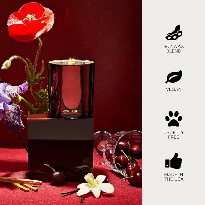 Apotheke Signature Scented Candles for Home, Bitter Cherry - 10.5 oz - Soy Wax, Non Toxic, Large Jar Red - Luxury Candle Gifts for Women & Men - Cardamom, Patchouli, Oud, Tonka Bean, & Smoked Vanilla