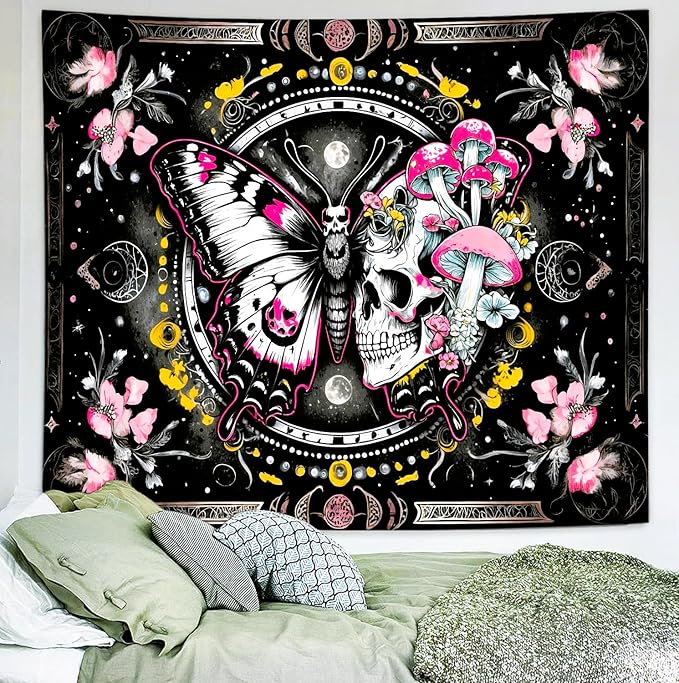 Delur Skeleton Butterfly Tapestry Pink Goth Skull Hippie Mushroom Plants Floral Boho Tapestry Fantasy Abstract Moon Phase Flower Wall Hanging Headboard for Bedroom Living Room Home Decor (59.1" x 78.7")
