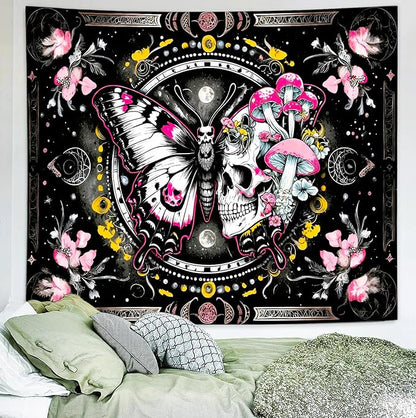 Delur Skeleton Butterfly Tapestry Pink Goth Skull Hippie Mushroom Plants Floral Boho Tapestry Fantasy Abstract Moon Phase Flower Wall Hanging Headboard for Bedroom Living Room Home Decor (59.1" x 78.7")
