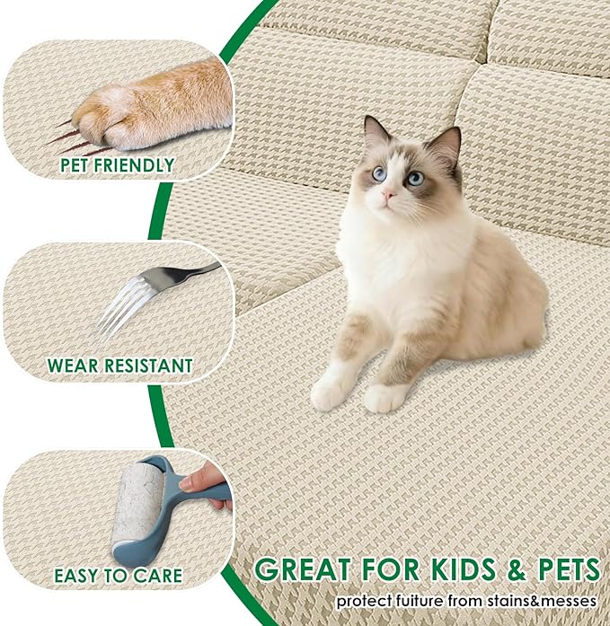 MAXIJIN Couch Cushion Covers for Sectional Sofa, Stretch Sofa Cushion Cover Washable Furniture Protector with Elastic Bottom & Non-Slip Strap for Pets Kids (3PC Seat Cover, Beige)