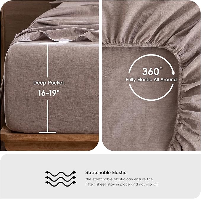 MooMee Bedding Sheet Set 100% Washed Cotton Linen Like Textured Breathable Durable Soft Comfy (Heathered Mauve Brown, Full)
