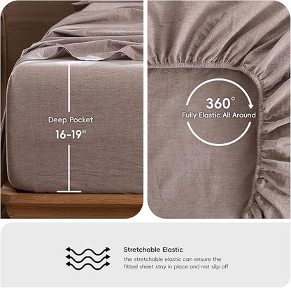MooMee Bedding Sheet Set 100% Washed Cotton Linen Like Textured Breathable Durable Soft Comfy (Heathered Mauve Brown, Queen)