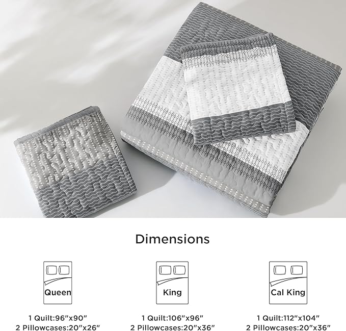 Litanika Quilt Queen Size Silver Grey, Stripe Patchwork Summer Bedspread Coverlet 3 Pieces, Soft Lightweight Microfiber Quilted Bedding Set for All Season(1 Quilt, 2 Pillowcases)