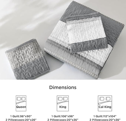 Litanika California King Quilt Set Silver Grey - Cal King Oversized Stripe Comforter Bedspreads & Coverlets - Soft Lightweight Quilted Bedding Set for All Season(1 Quilt, 2 Pillowcases)