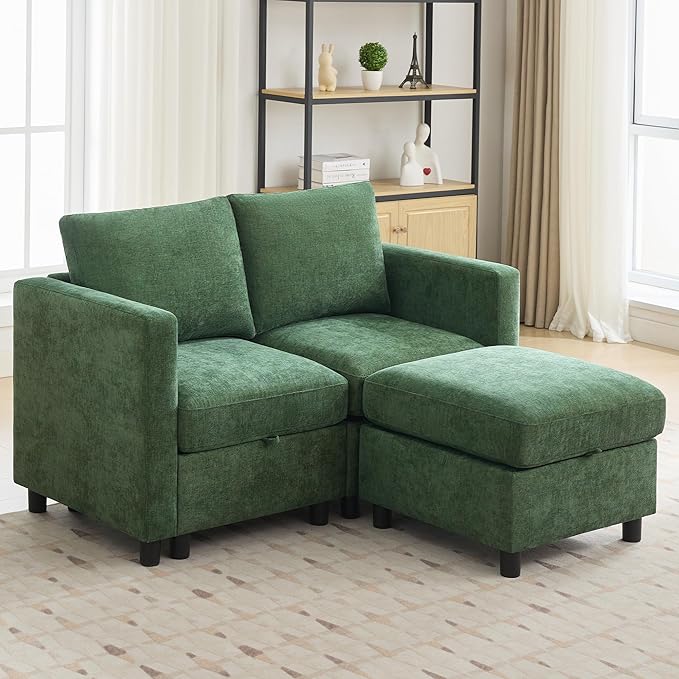 58”Modular Sectional Loveseat Sofa with Storage, Comfy Office L Shaped Sofa Couch, Chenille Love Seat Modular Sectional Couch with Movable Ottoman for Living Room, Bedroom, Dark Green