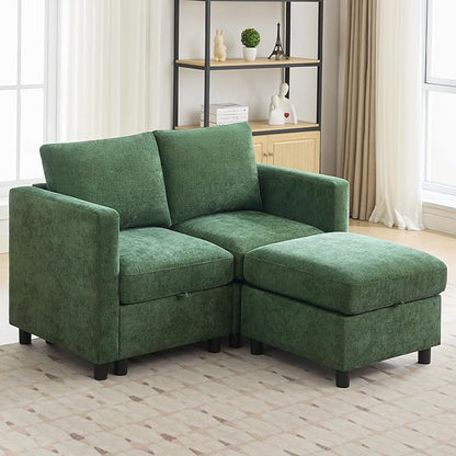 58”Modular Sectional Loveseat Sofa with Storage, Comfy Office L Shaped Sofa Couch, Chenille Love Seat Modular Sectional Couch with Movable Ottoman for Living Room, Bedroom, Dark Green