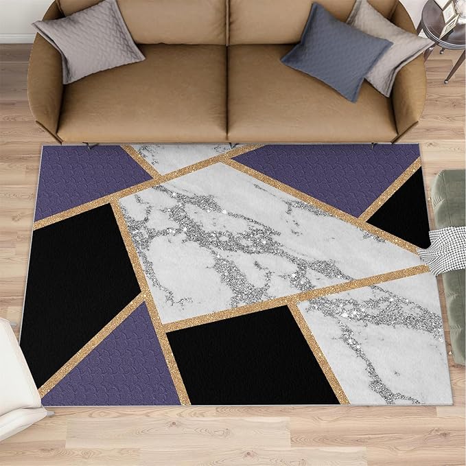 Black Gold Marble Area Rugs Geometric Marble Area Rug Modern Minimalist Carpet Irregular Geometric Patchwork Carpet Low Pile Non-Slip Rug for Living Room 6x9ft