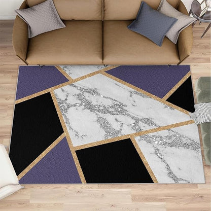 Black Gold Marble Area Rugs Geometric Marble Area Rug Modern Minimalist Carpet Irregular Geometric Patchwork Carpet Low Pile Non-Slip Rug for Living Room 6x9ft